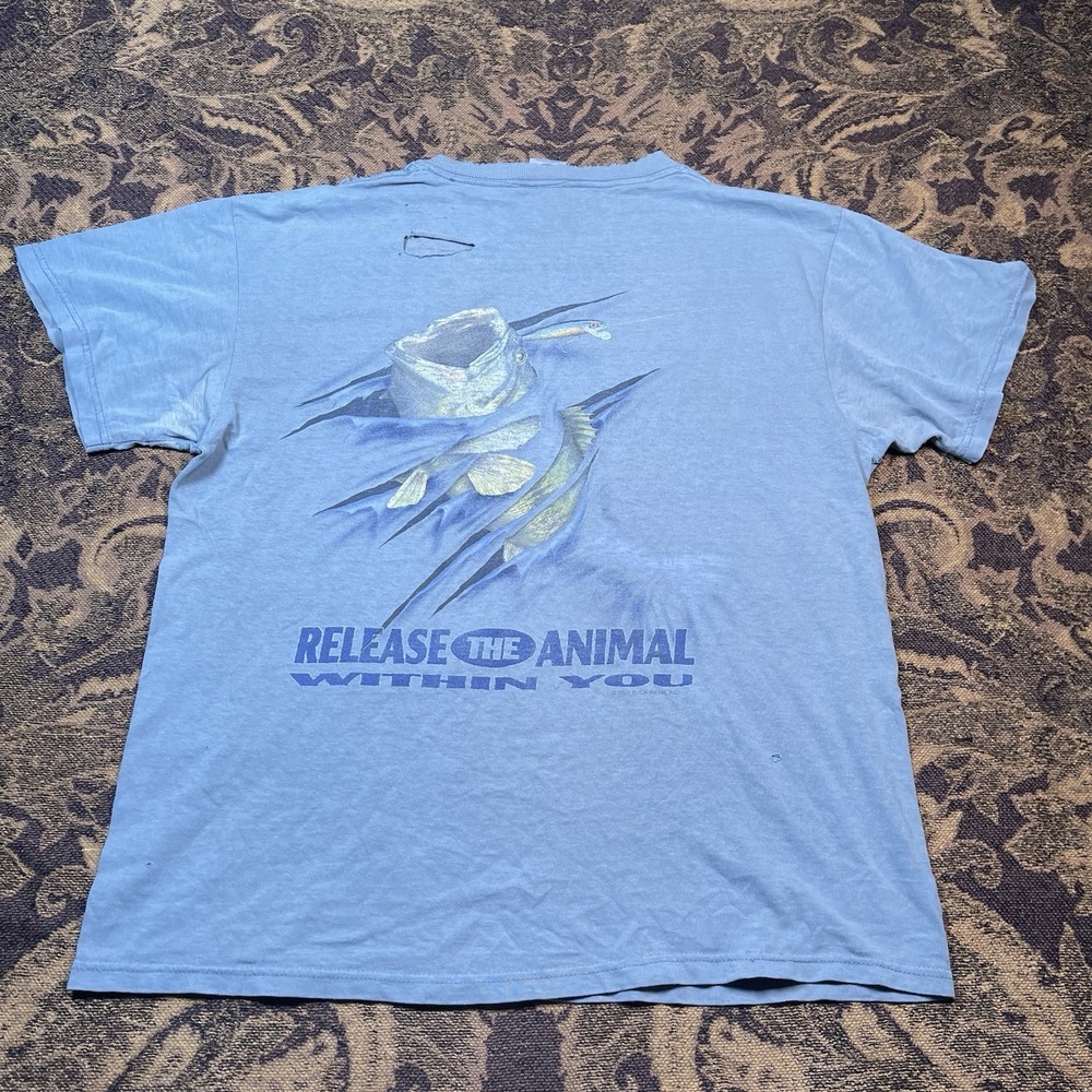 Vtg Release the Animal Fishing T Shirt Mens Size Large Blue Distressed